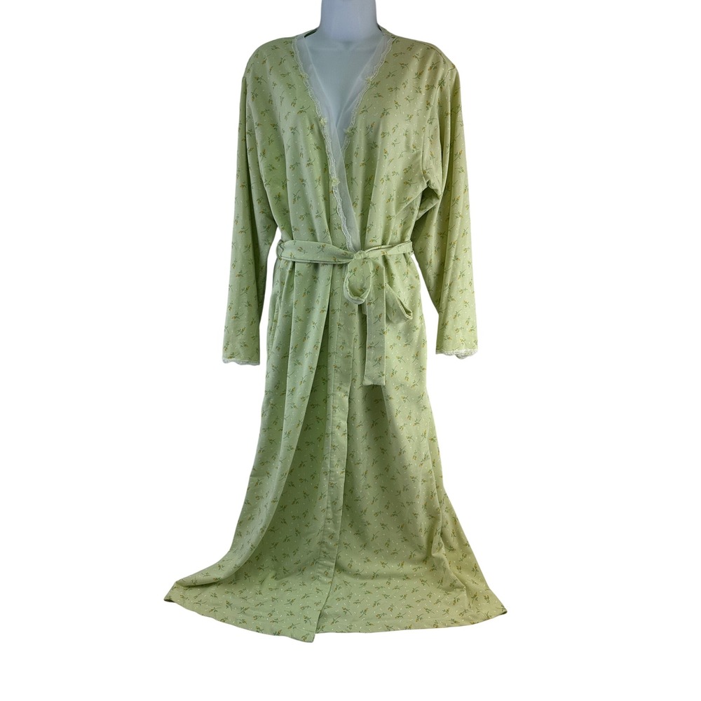 Villager Liz Clairbone Robe Green Floral Lace Trim Belted Long Sleeve Medium